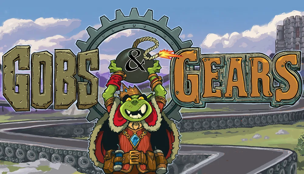 Gobs & Gears key art, a goblin king hoisting a lit bomb over a frontier laced with winding routes