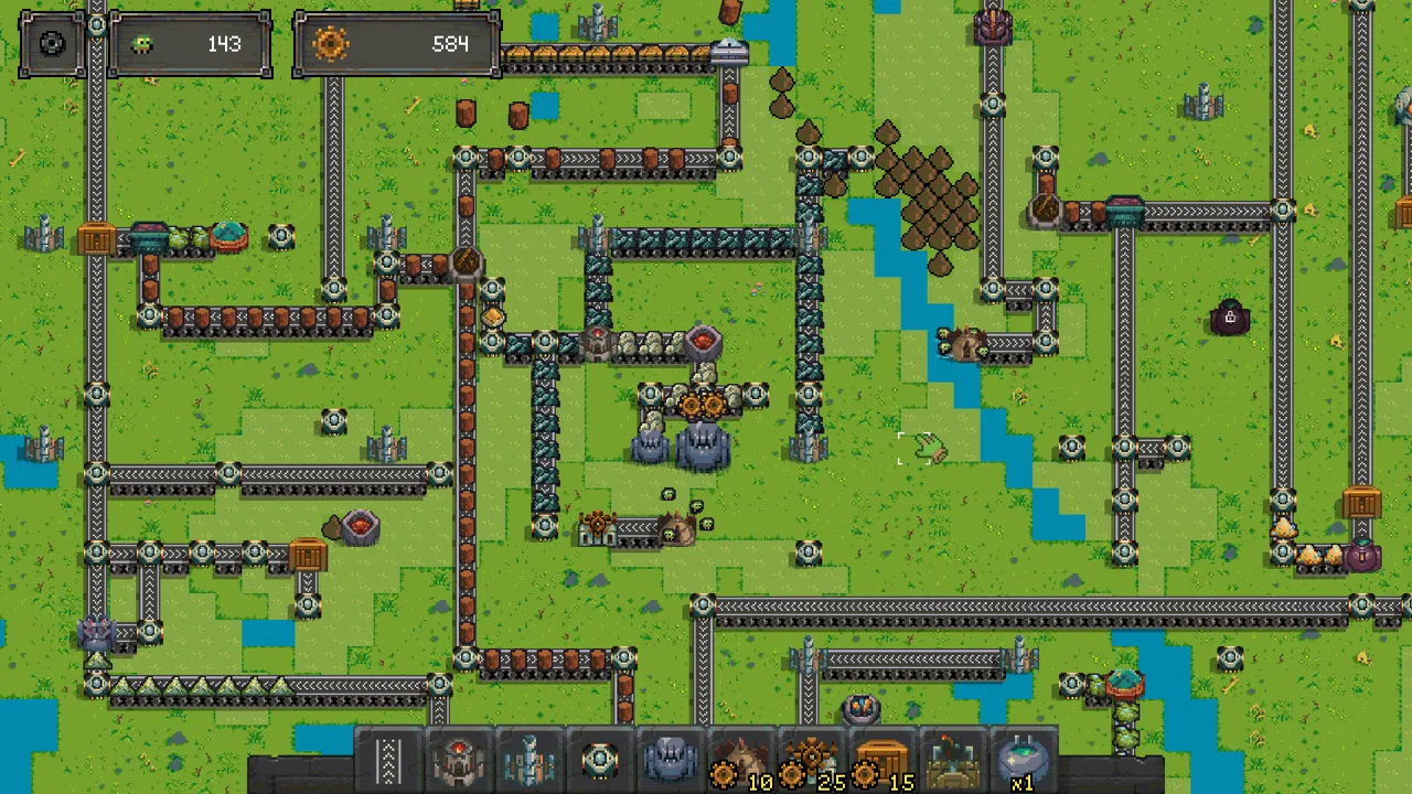 A sprawling Gobs & Gears route network feeding factories across the map